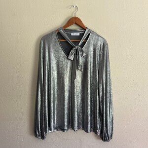 Kate Kasin Metallic Silver Blouse 2XL Tie Neck Long Sleeve Shimmer Party Top